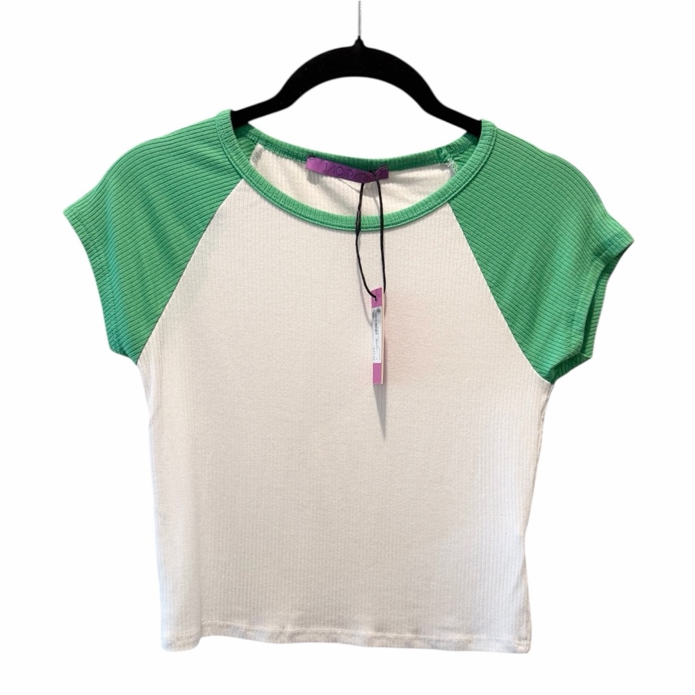 NWT Jac Parker Short Sleeve Green White Top Girls Juniors Size Large Ribbed Knit